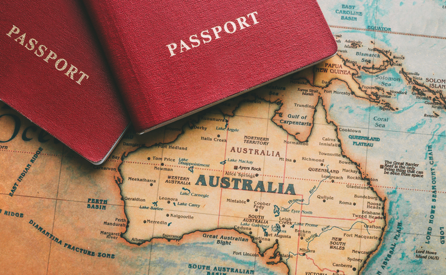 Australia map and passports.