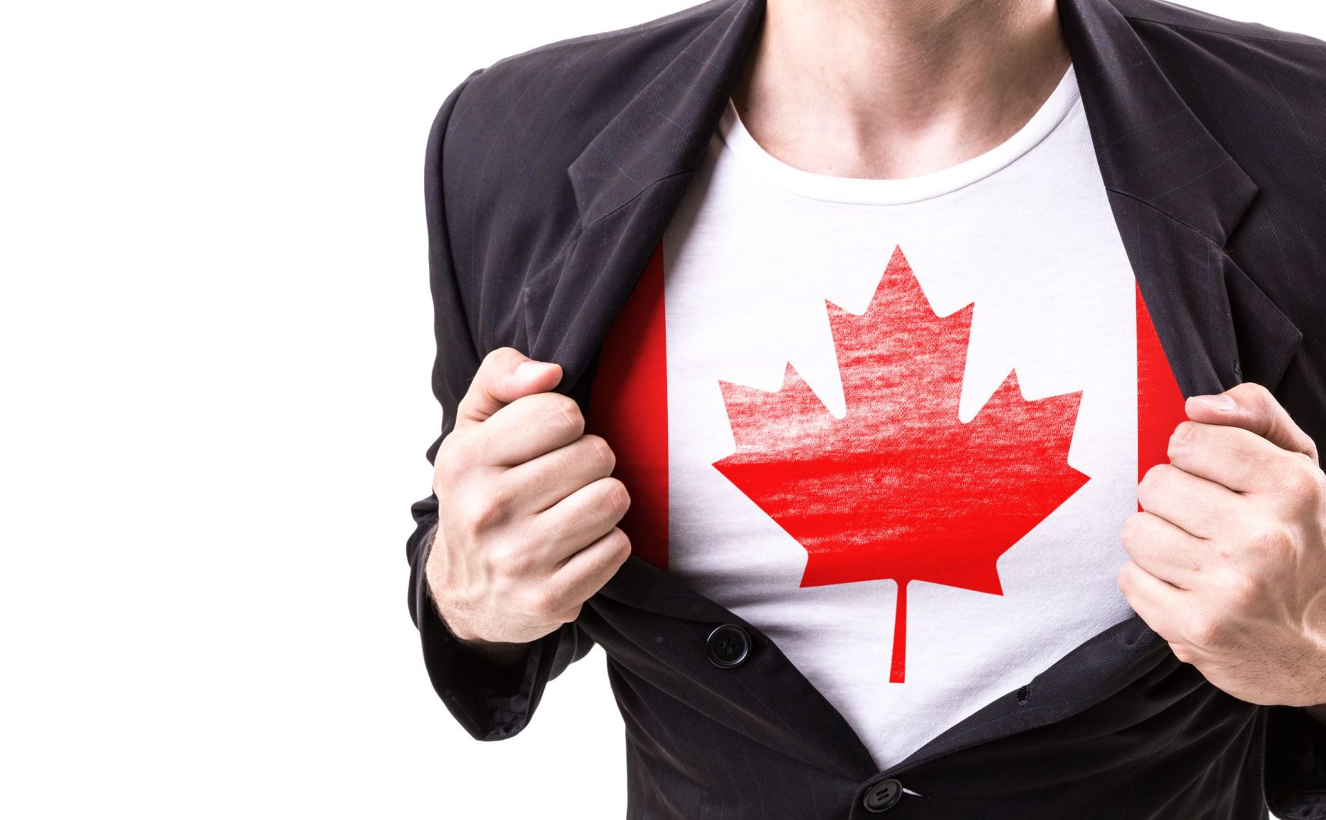 Becoming a canadian resident. Businessman stretching suit with Canada Flag