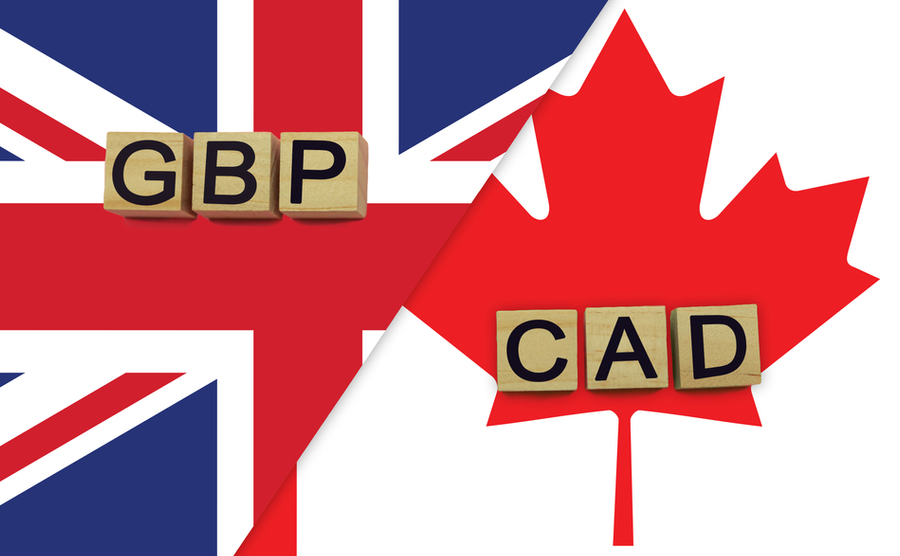 United Kingdom and Canada currencies codes on national flags background. International money transfer concept