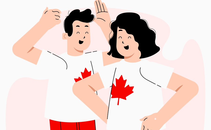 illustration of smiling couple wearing canada flag tops