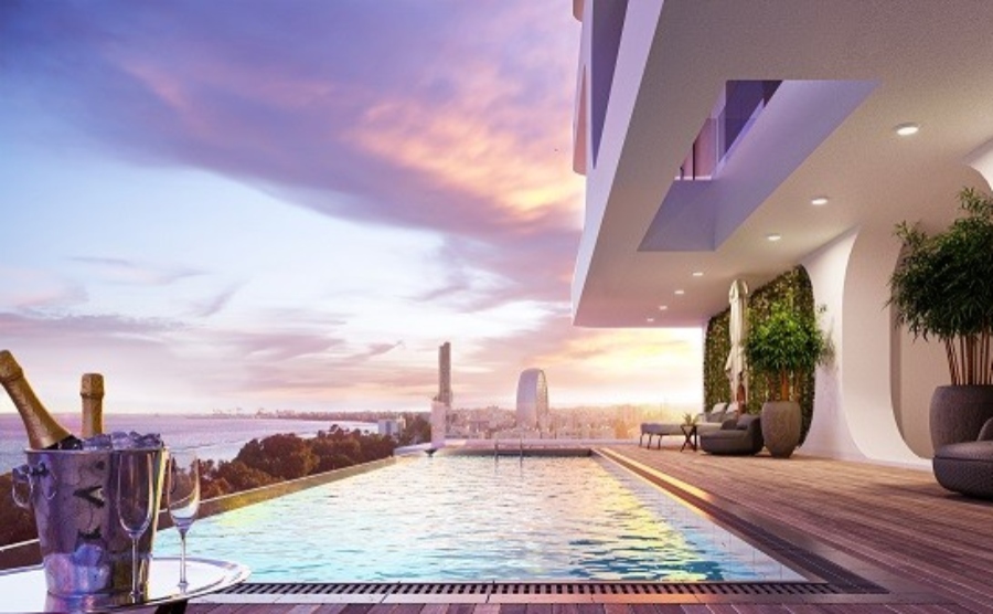 A CG image of the finished off-plan penthouse with a infinity pool and luxury decking