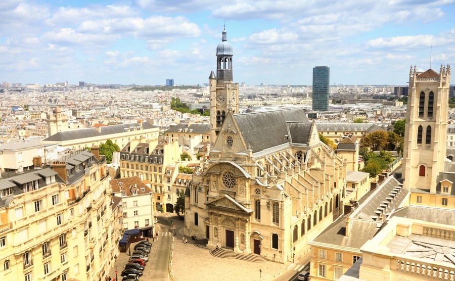 Paris, France - skyline with Saint Etienne du Mont church. Filtered style colors.