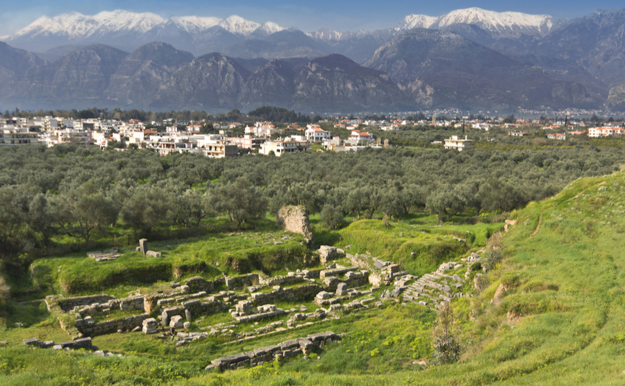 Sparti, against the dramatic backdrop of Mt Taygetus.