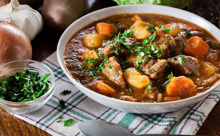 a bowl of rich beef stew