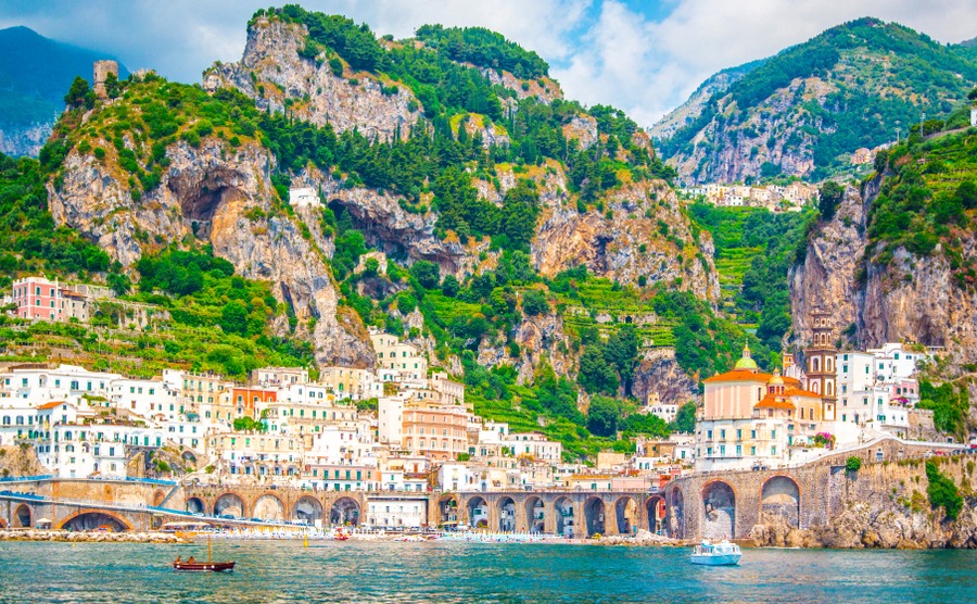 Panoramic view of Amalfi Mediterranean coast, small town with multicolor houses in south of Italy, Gulf of Salerno, Campania