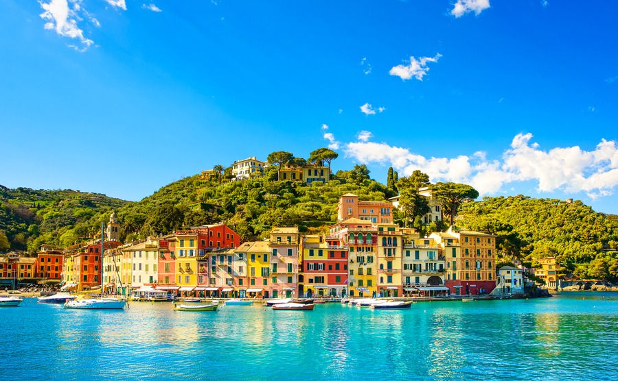 Portofino luxury landmark panorama. Village and yacht in little bay harbor. Liguria, Italy