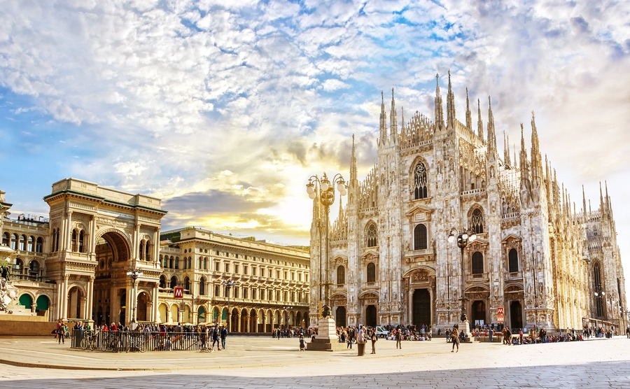 Cathedral Duomo di Milano and Vittorio Emanuele gallery in Square Piazza Duomo at sunny morning, Milan, Italy.