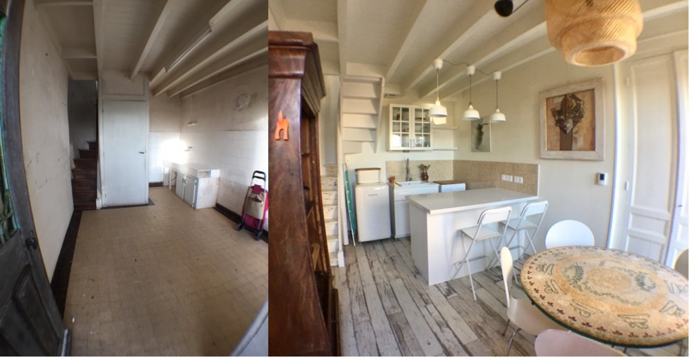 With the terrazzo splash backs and quartz kitchen island, this space on the ground floor has a vintage feel. 