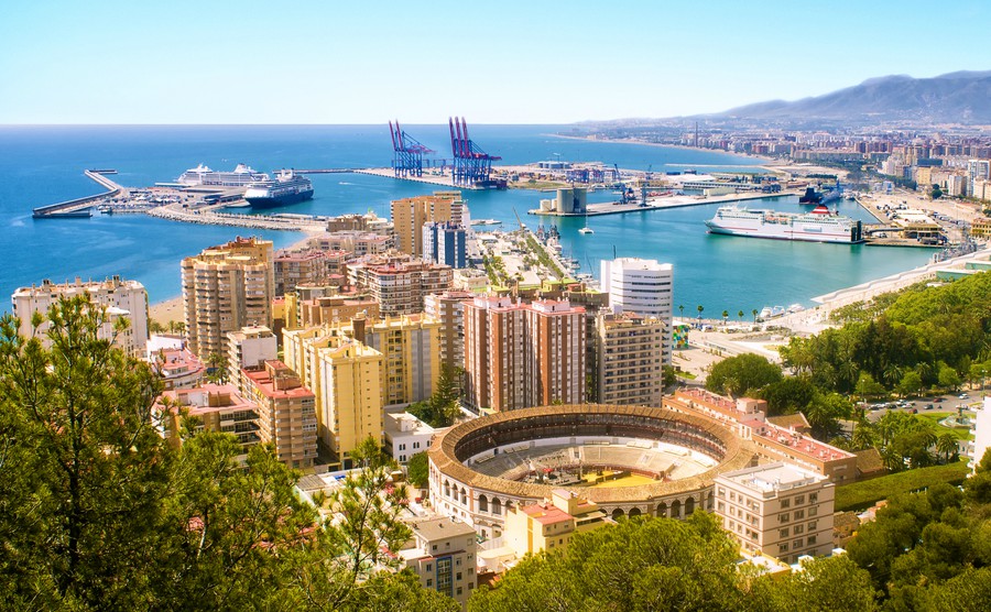 view-of-malaga-with-bullring-and-harbor-spain