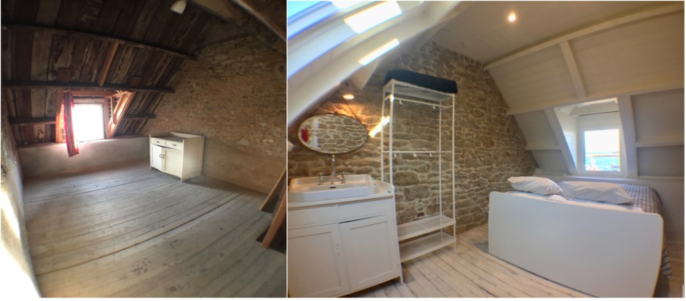 This is the new bedroom, up in the eaves. A new Velux window floods the tiny attic room with light – spot the re-purposed cupboard sink