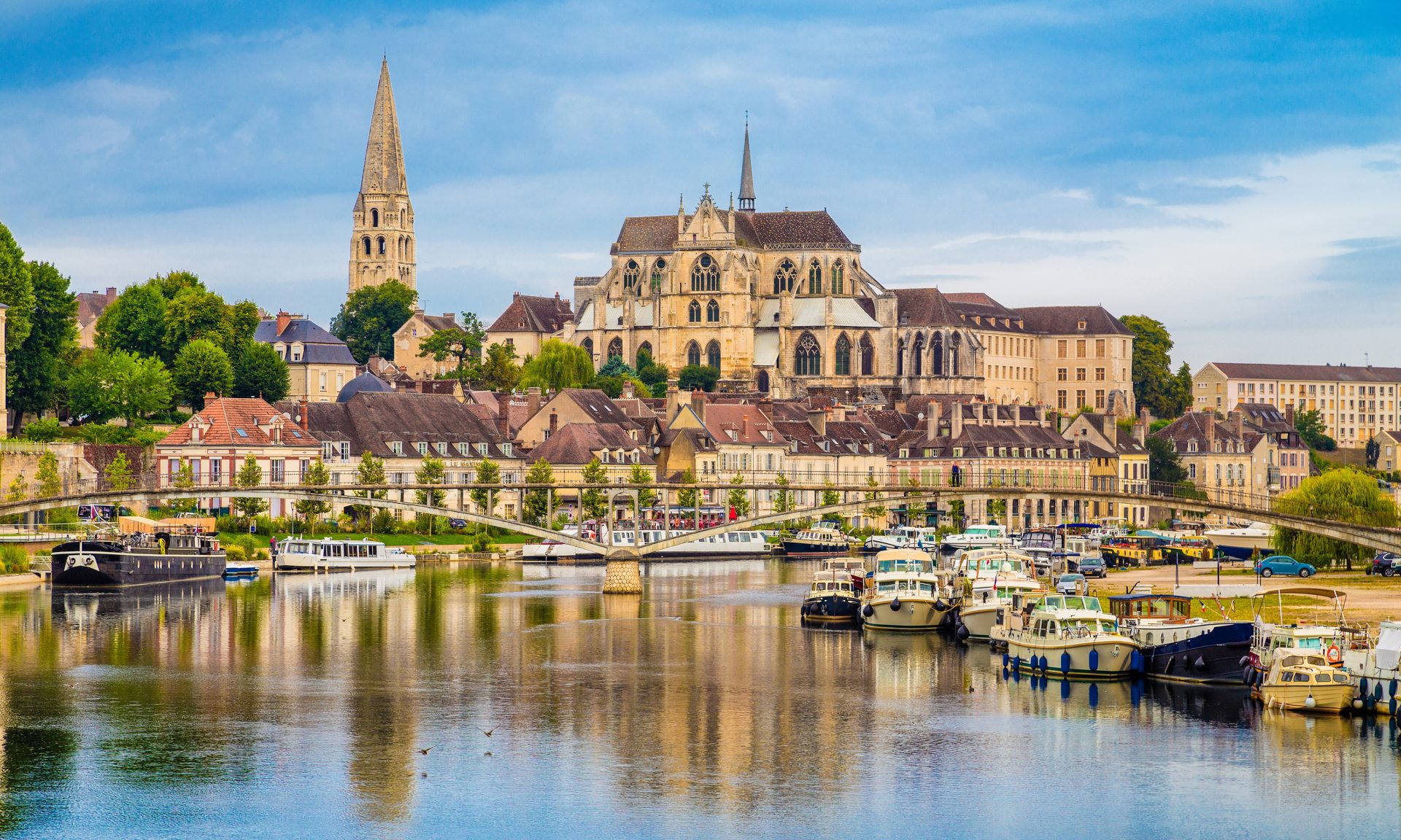 The historic town of Auxerre across the Yonne river in Burgundy