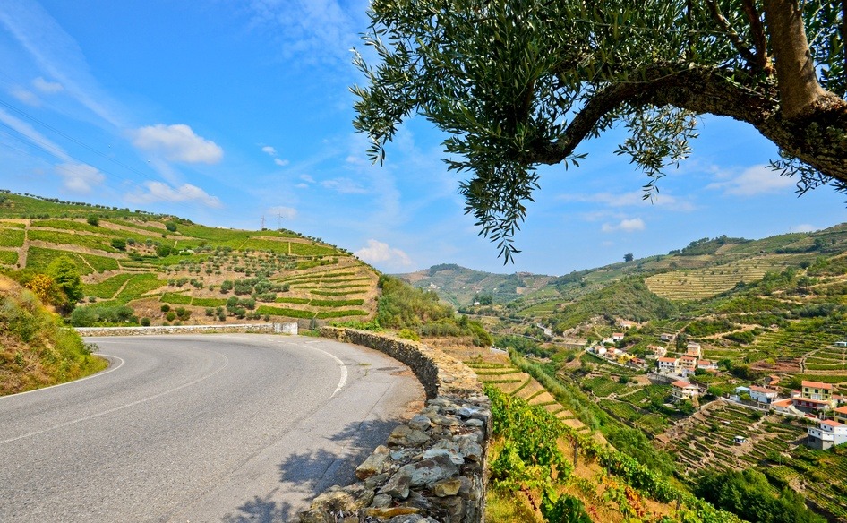 Driving in Portugal. the Douro Valley next to vineyards and small village.