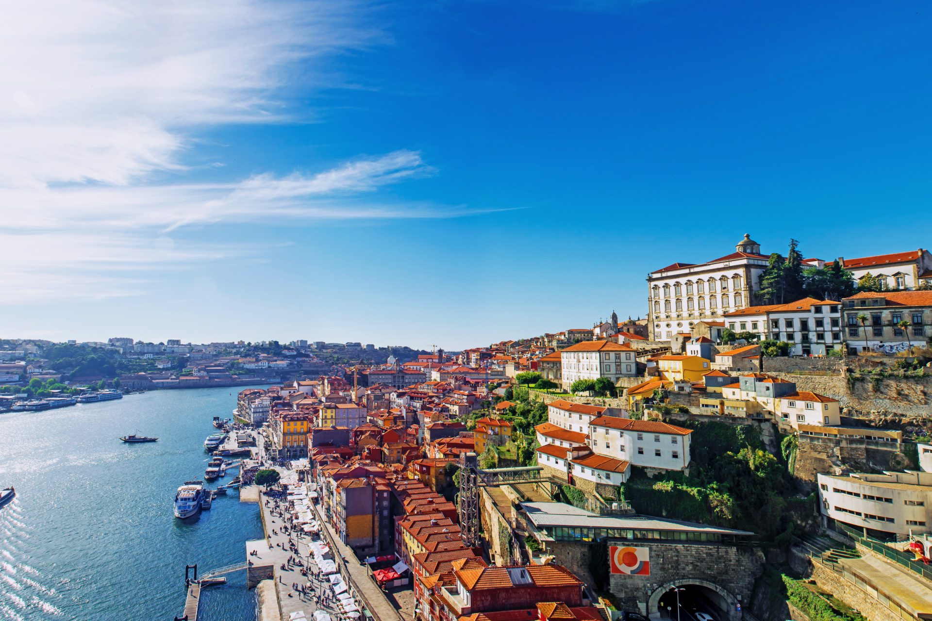 Old town skyline from Dom Luis bridge on the Douro River, Porto