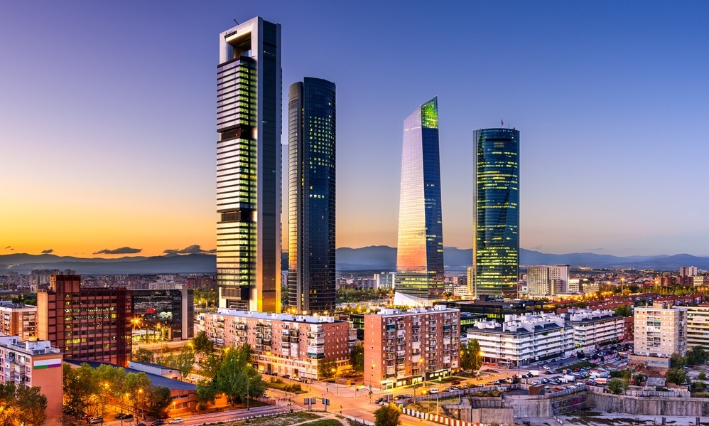 Spain - Madrid, Spain financial district skyline at twilight.