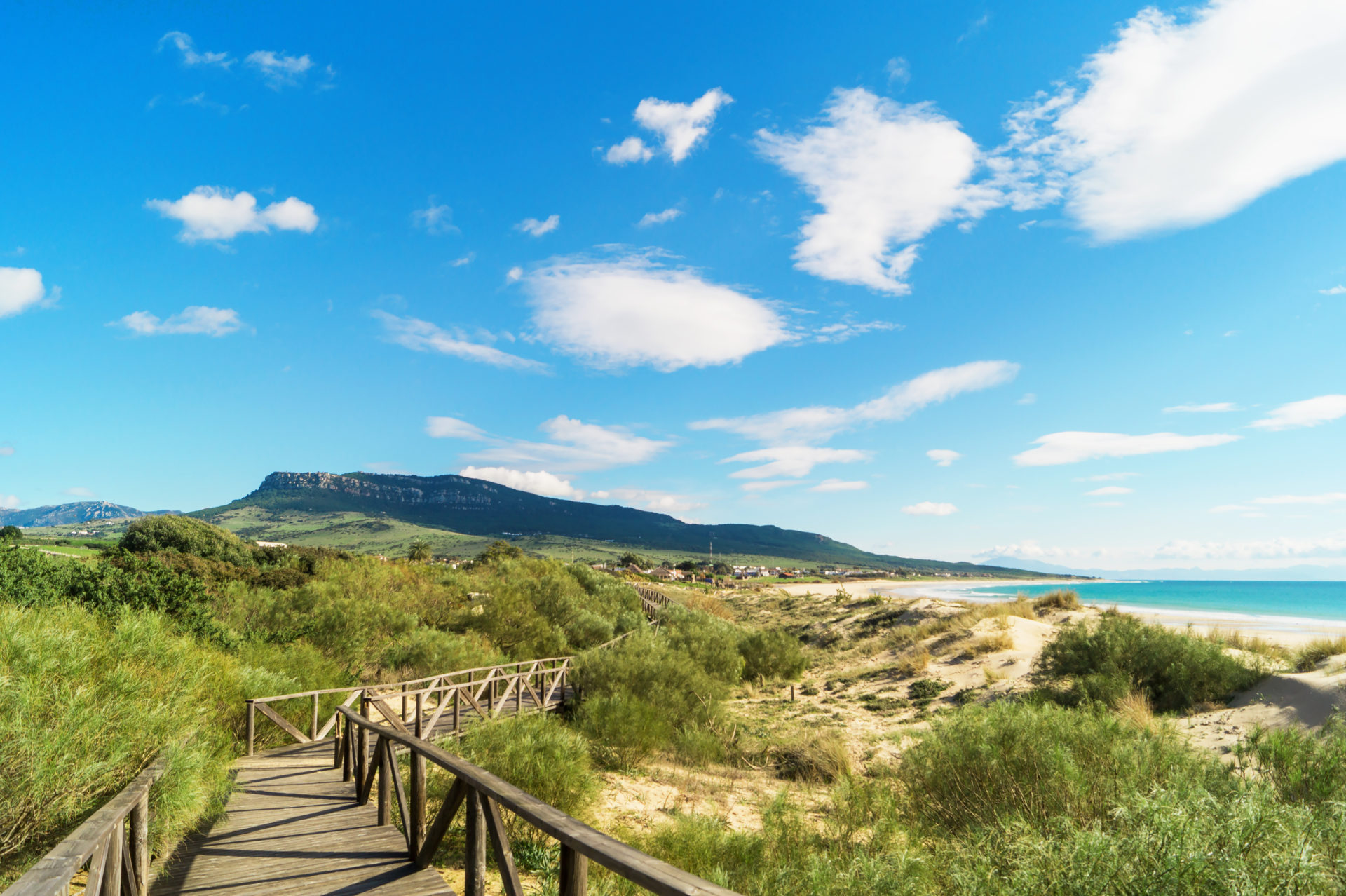 Wooden walkway in Bolonia beach, Tarifa, Andalusia, Spain