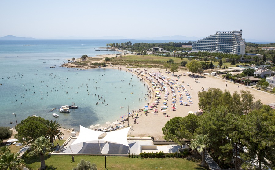 DIDIM ,TURKEY - JULY 16, 2017: Altinkum is a resort town in western Turkey, 123 km from Aydin. It is on the Aegean Sea, nearby the ancient Temple of Apollo and the ruins of the Ionian city of Didyma.