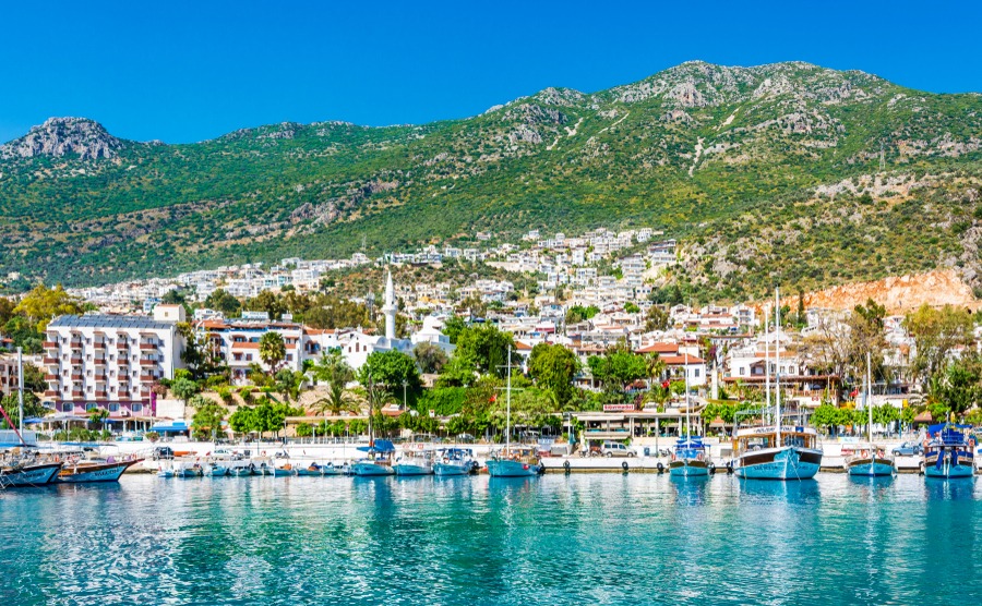 Kalkan, Antalya - May 15, 2015 : Kalkan Marina view from sea. Kalkan is a town on the Turkish Mediterranean coast, and an important tourist destination.