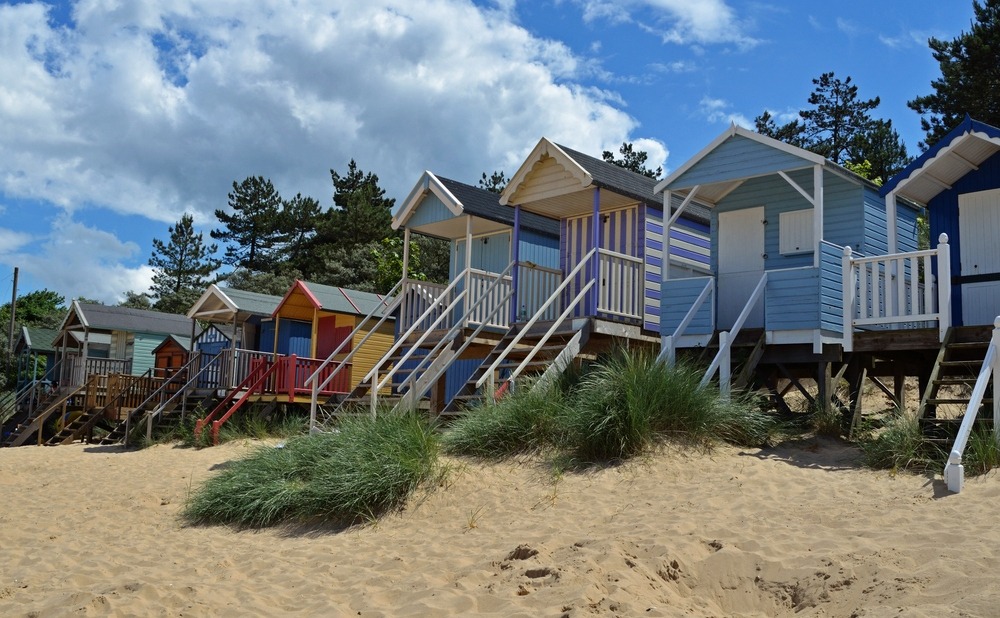 Beach huts on the sand near Cromer, Norfolk