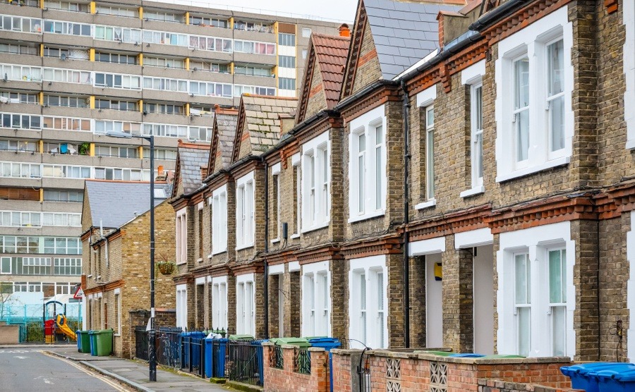 Terraced houses meet a block of flats in south-east London