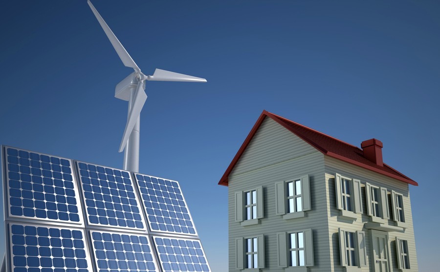 Solar panel and wind turbines on houses