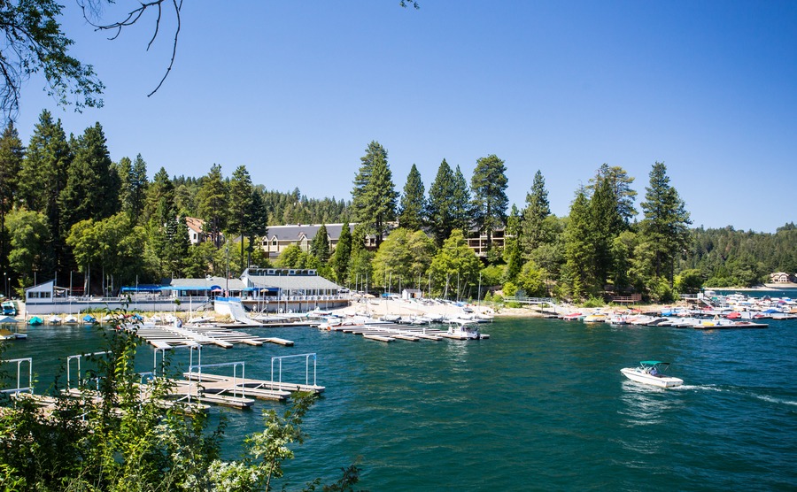 Lake Arrowhead, USA - 16th August 2015: Lake Arrowhead with boats moored on a hot summer's day near Los Angeles, California, USA